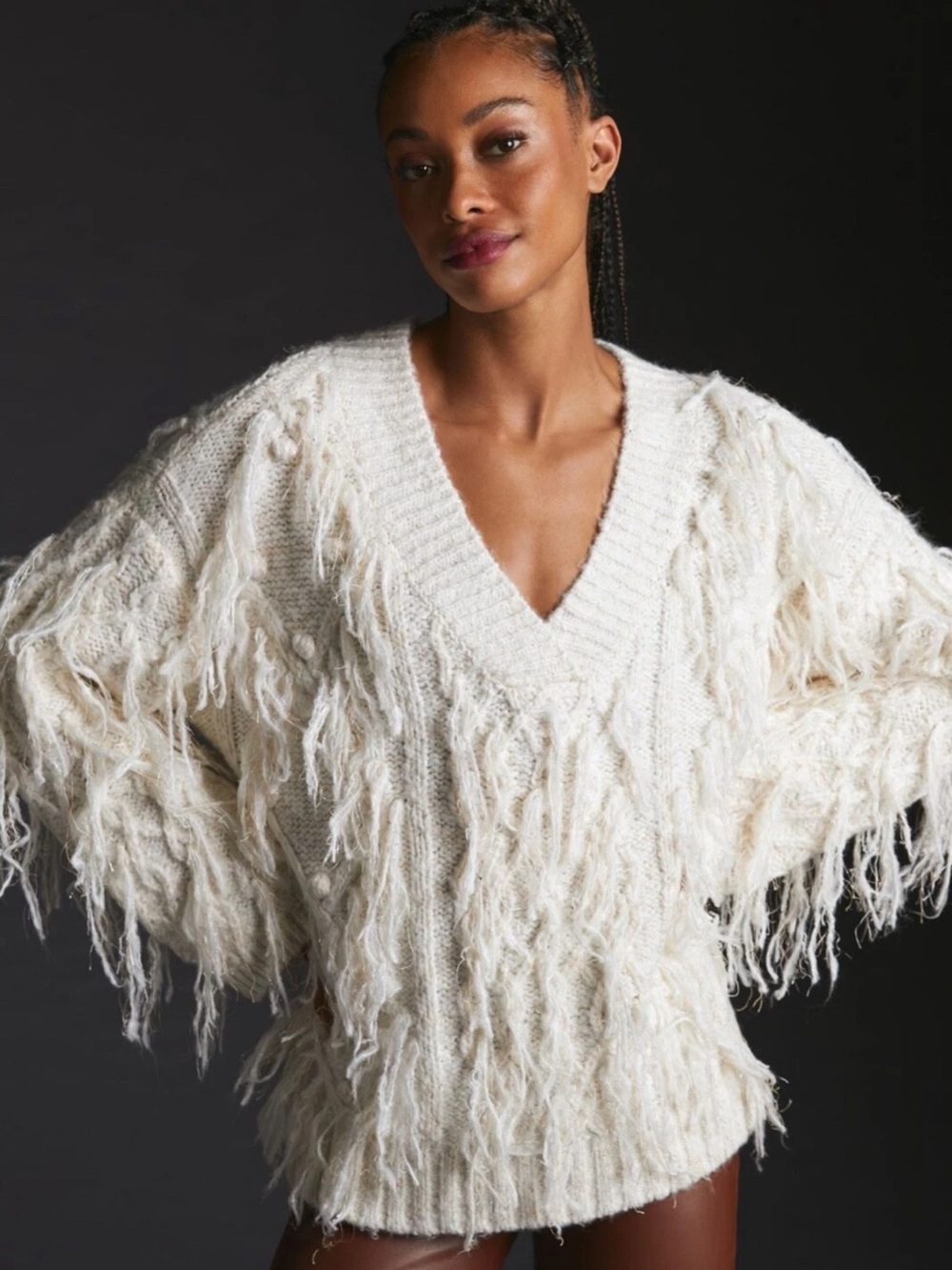 Anthropologie Fringed Pullover V-Veck Sweater Sz Small NWT - Picture 2 of 7